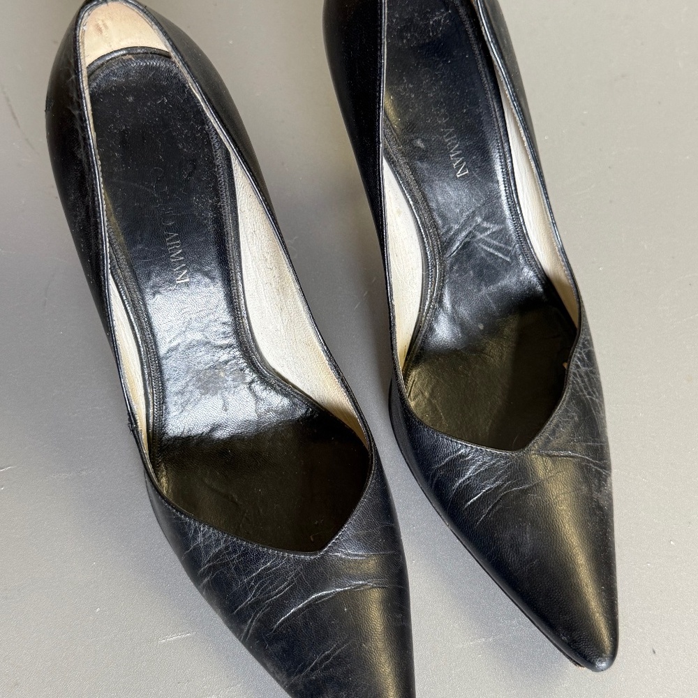 Giorgio Armani Black Leather Pointed-Toe Heels — Size 37 / US 7 — Made in Italy